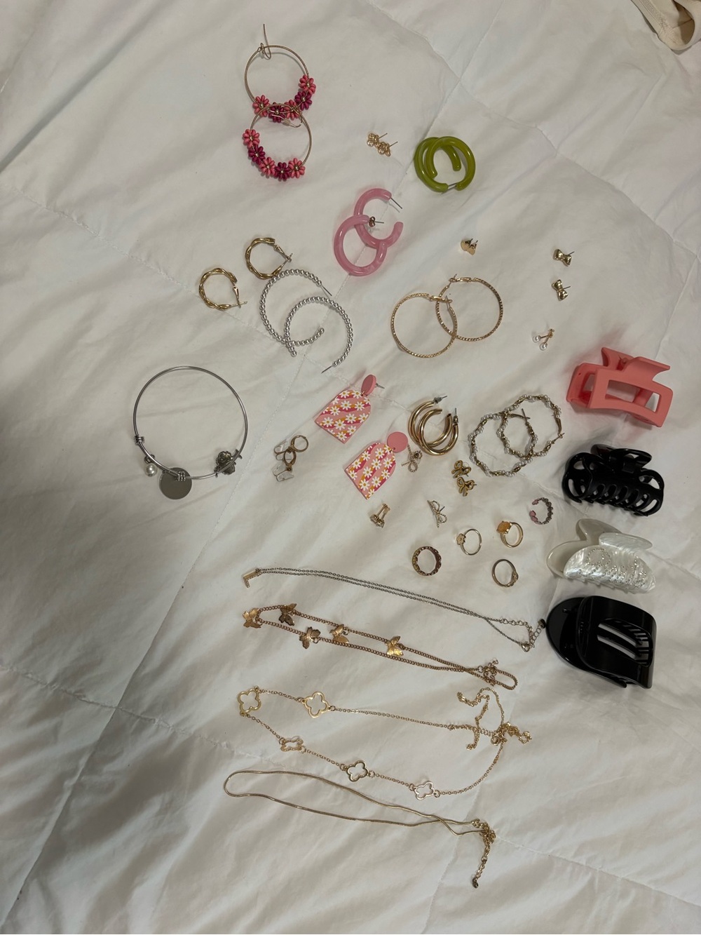 Mixed Jewelry Lot - Pink, Gold, Green, Black Hair Clips & Earrings